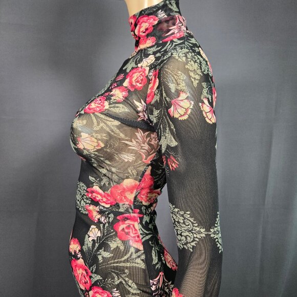 Y2K GUESS Black Floral Sheer Mesh Mini Dress Size XS Long Sleeve Gothic Fairy - Picture 6 of 9